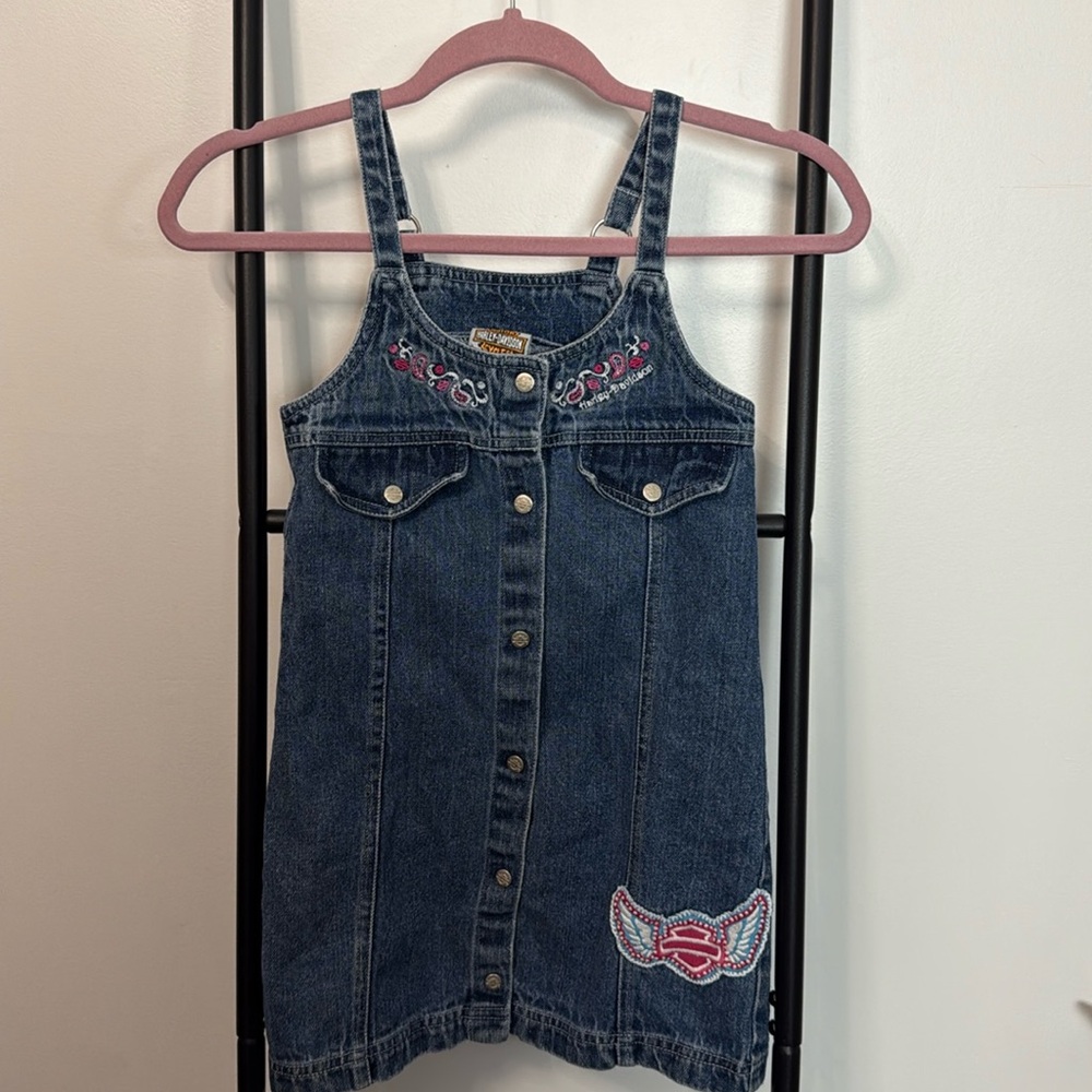 Vintage Harley Davidson Denim Embroidered Snaps Girls Dress Size 6X